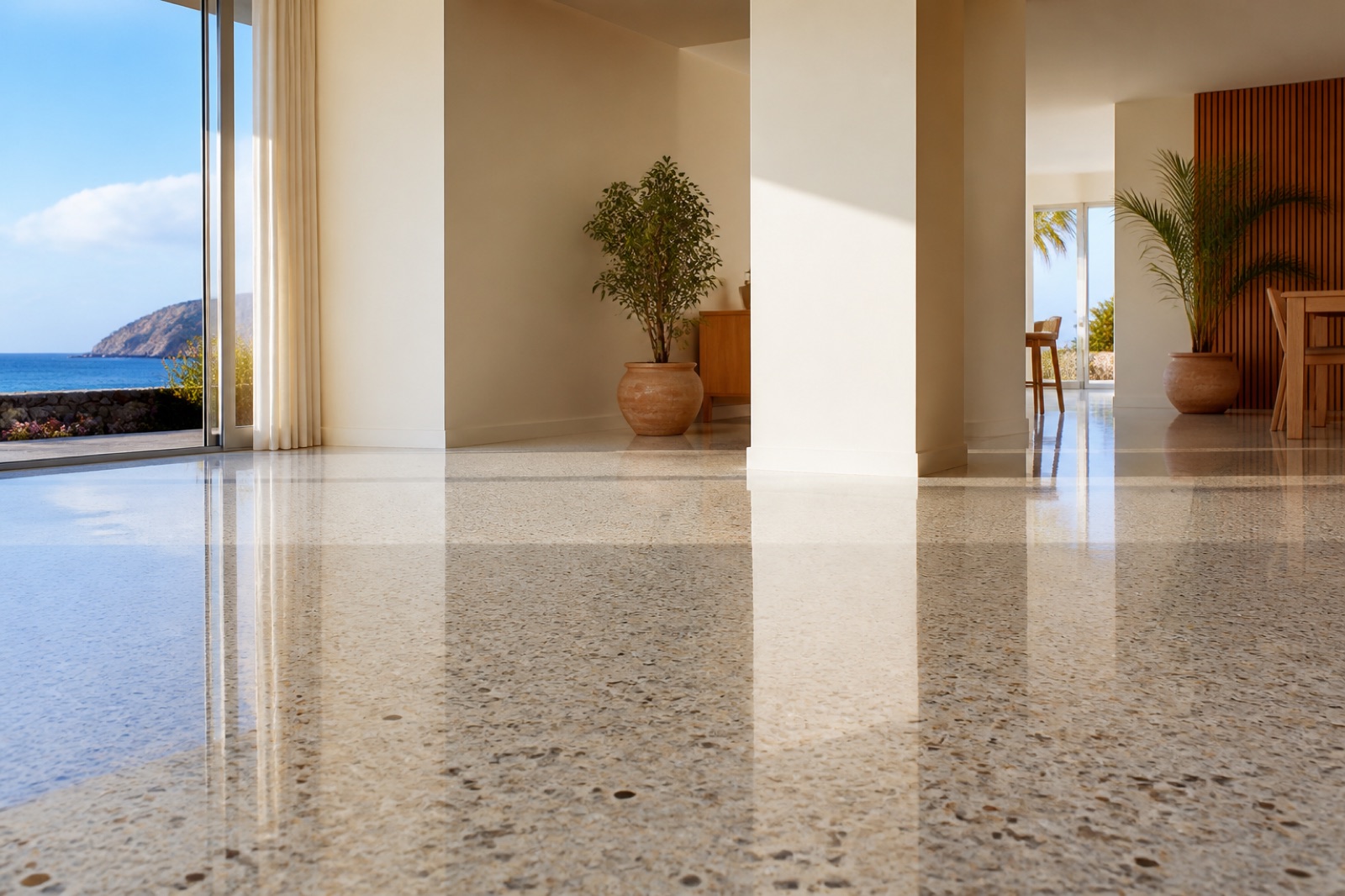 Suelo de terrazo pulido en una vivienda luminosa de Tenerife